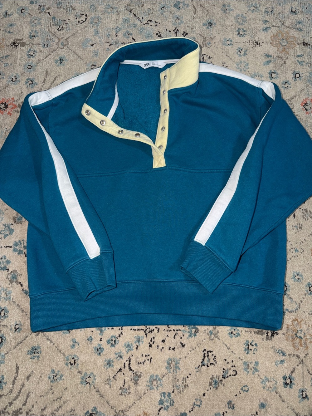 DSG Teal Pullover Sweatshirt with White Stripes and Pale Yellow Snap Placket